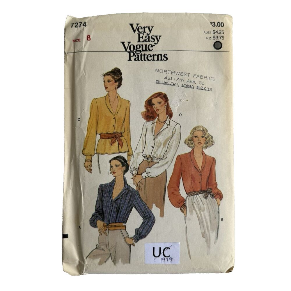 1970s Vogue 7274 Very Easy Sewing Pattern Semi Fitted Blouses Shawl Collar Sz 8
